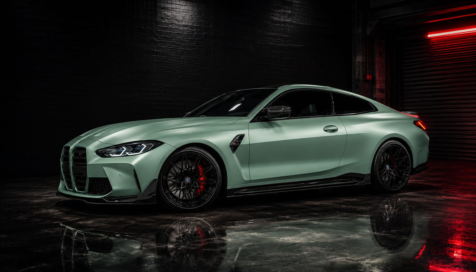 Featured transformation — BMW M4 in a satin green wrap, side profile