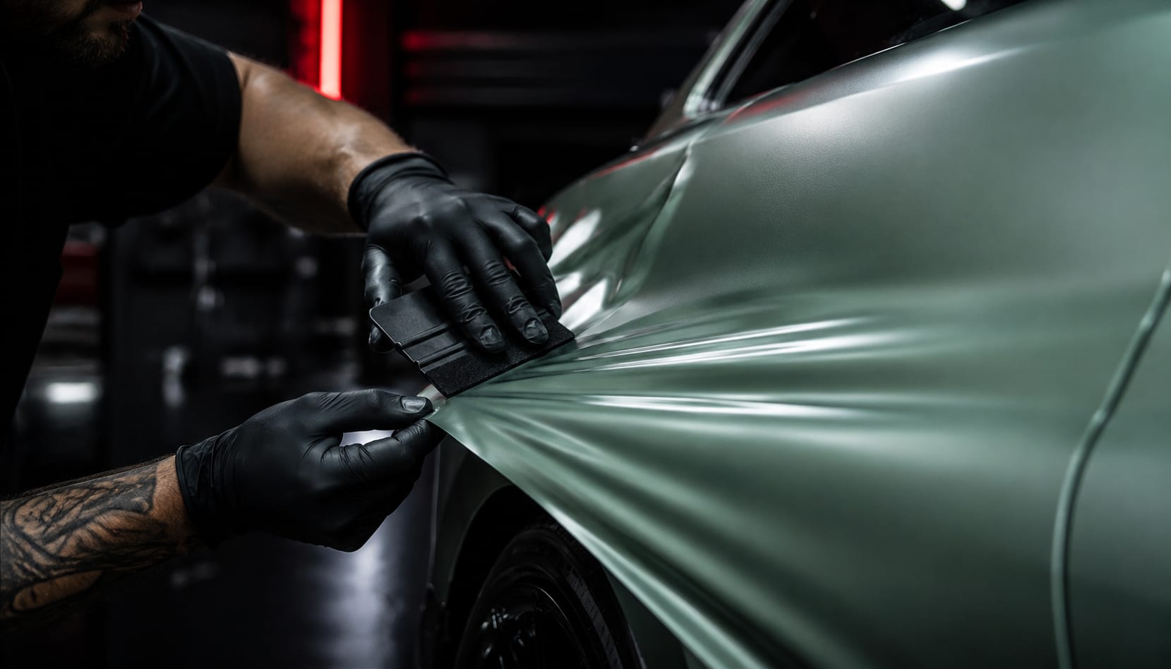 A technician hand-applying a satin green wrap at Concept Vehicle Studio